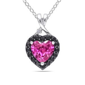 EVERLY JEWELRY | Sterling Silver Created Pink Sapphire, Black Spinel and Diamond Heart Halo Pendant with Chain Black Rhodium, 18 inc - 1 of 4
