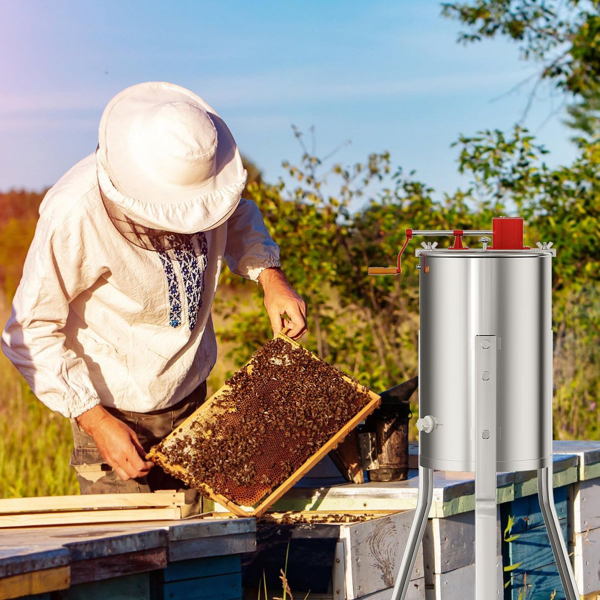 Stainless Steel Honey Extractor - Crank Spinner with Adjustable Height Stand, Clear Lid, Large Frame Holder, Beekeeping Tool for Beekeepers - thumbnail 2