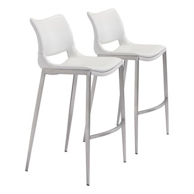 Zuo Modern Ace Barstool Set of 2, 40.9" H, White Faux Leather, Silver Brushed Stainless Steel, Modern Ergonomic Design