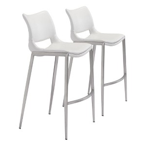 Zuo Modern Ace Barstool Set of 2, 40.9" H, White Faux Leather, Silver Brushed Stainless Steel, Modern Ergonomic Design - 1 of 4