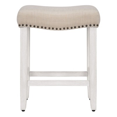 Beige Upholstered Wood Saddle-Style Counter Stool 24"
