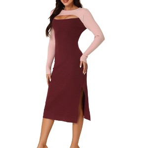 Seta T Women's Fall Color Block Round Neck Cut Out Front Long Sleeve Slit Hem Knit Sweater Midi Dress - 1 of 4