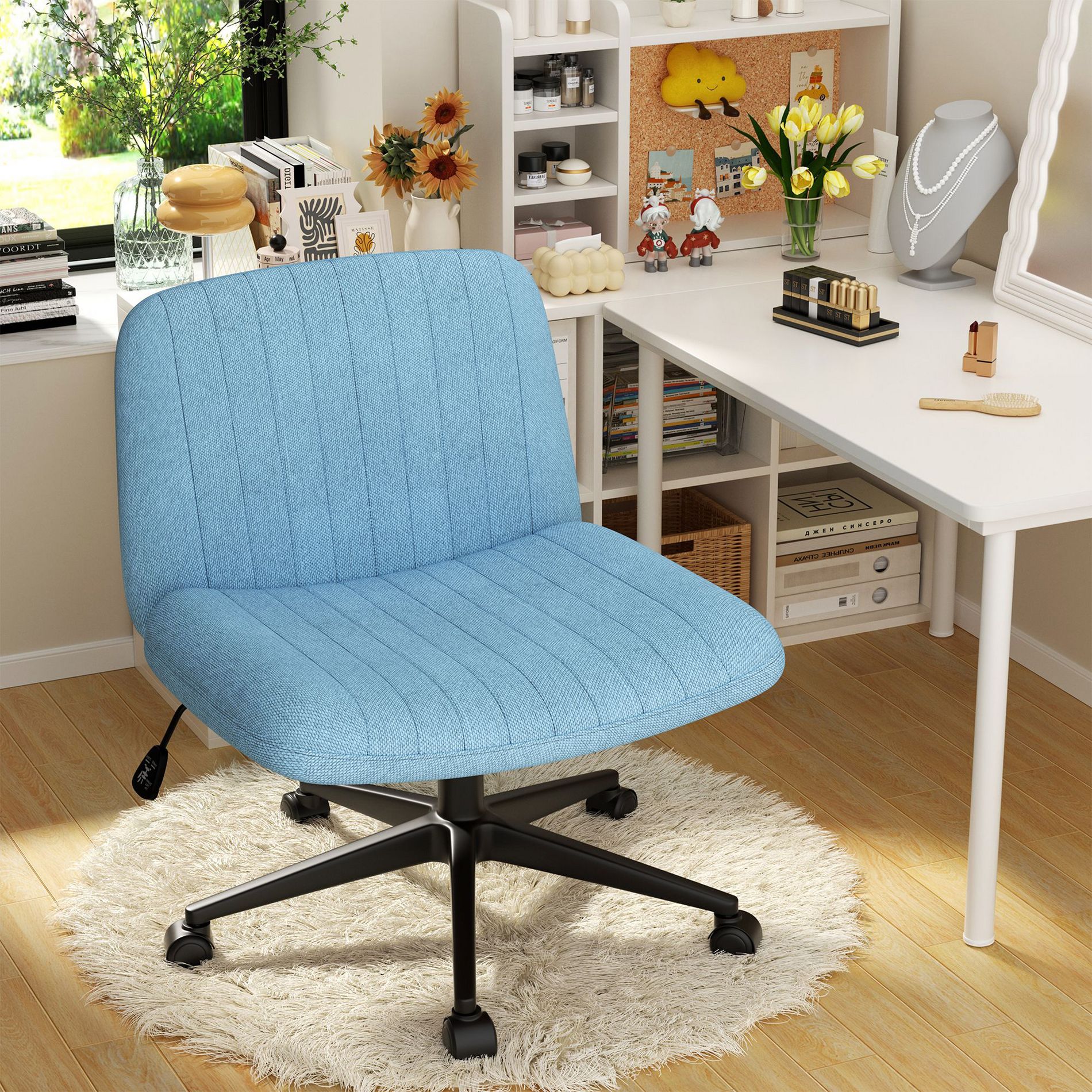 Celebalcony Criss Cross Chair with Wheels,Fabric Padded Armless Cross Legged Office Chair for Home Office,Modern Swivel Height Adjustable Seat