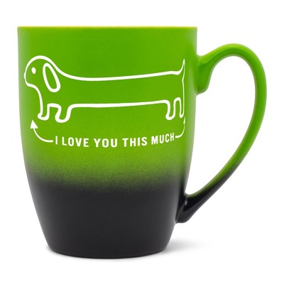 Elanze Designs Witty Pet Lover Coffee Cup Mug 12 Ounce Ceramic With Ombre Gradient Love You This Much Weiner Dog Green and Black
