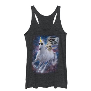 Women's Lost Gods Boombox Cat and Unicorn Space Song Racerback Tank Top - 1 of 3
