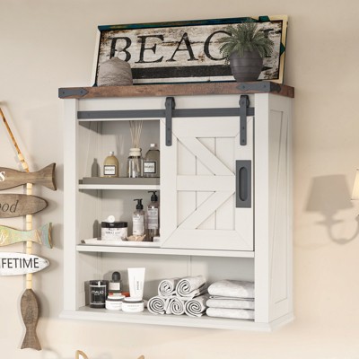 AMERLIFE Farmhouse Bathroom Wall Cabinet with Sliding Barn Door