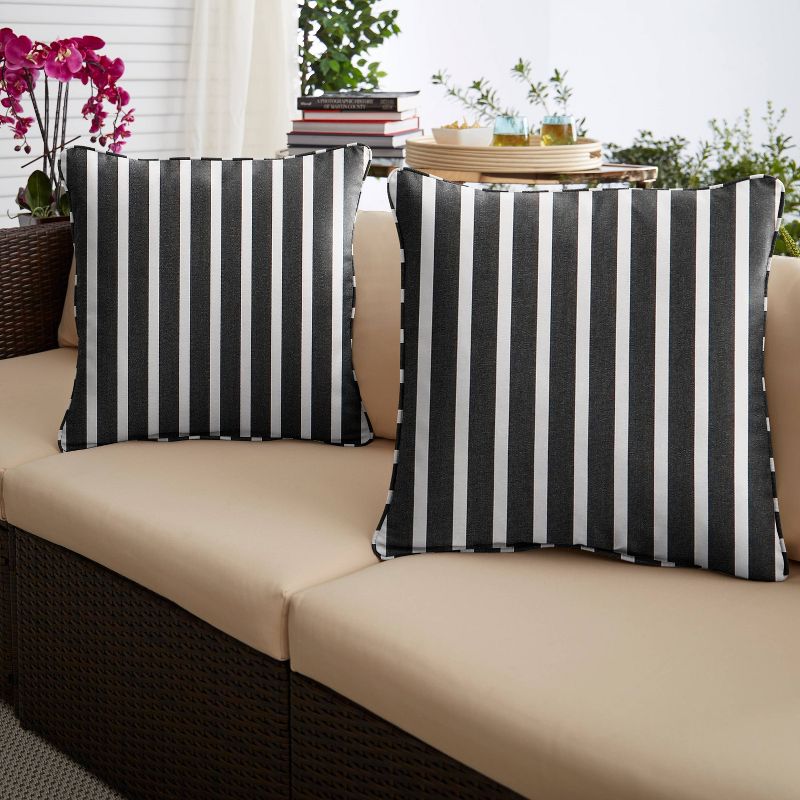 2pk Square Sunbrella Stripe Indoor Outdoor Corded Throw Pillows Black/White, 2 of 4