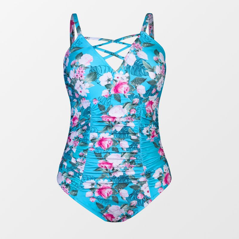 Women's Plus Size Floral Strappy V Neck One Piece Swimsuit - Cupshe-Blue, 2 of 5
