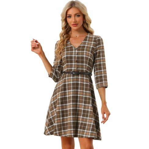 Allegra K Women's Tartan Plaid V Neck 3/4 Sleeves Belted A-line