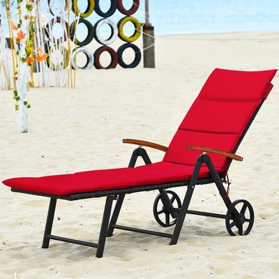 Red Cushioned Aluminum Chaise Lounge Chairs with Wheels