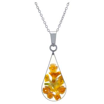 Women's Sterling Silver Yellow Pressed Flowers Teardrop Pendant Chain Necklace (18")