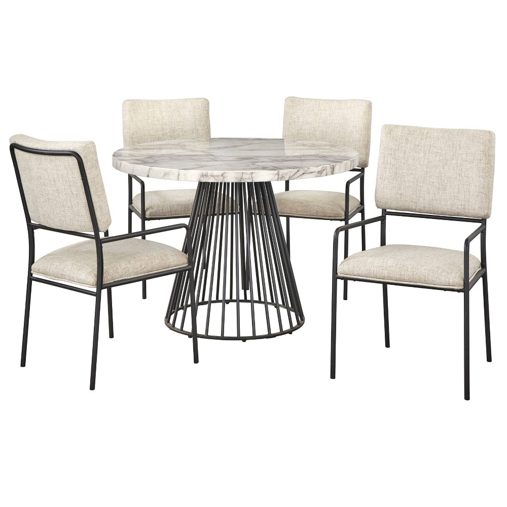 Photos - Dining Table 5pc Indra Dining Set Cream: Faux Marble Top, Black Metal Base - Lifestorey