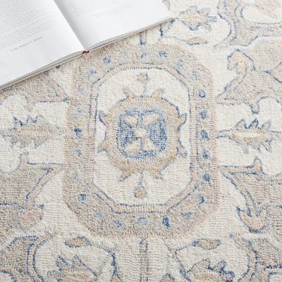 Ivory and Blue Handmade Wool Medallion Area Rug