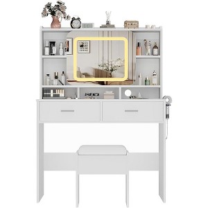 40" Vanity Table and Chair Set with Mirror, Modern Makeup Vanity Desk with 2 Drawers, Storage Shelves , White Vanity Set with Stool for Bedroom - 1 of 4