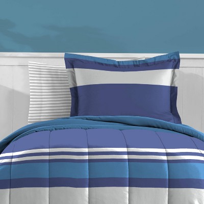 Twin Blue Rugby Stripe Microfiber Bed in a Bag Set