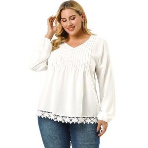 Agnes Orinda Women's Plus Size Fashion Pleated Lace Trim Hem V Neck Long Sleeve Solid Blouses - 1 of 4