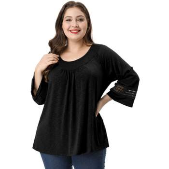Agnes Orinda Women's Plus Size Crochet Panel Long Sleeves Ruched Front Casual Blouses