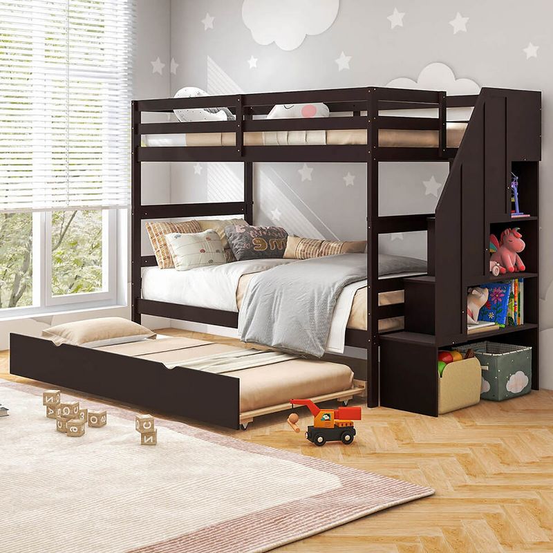 Tangkula Twin over Twin Wooden Bunk Bed w/ Trundle Storage Stairs Convertible, 2 of 11