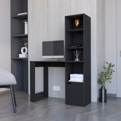 Vynxaria Black Computer Desk with 4-Tier Bookcase 1-Door Cabinet Modern Storage Solution for Home Office