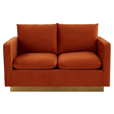 Mid-Century Modern Velvet Loveseat in Orange Marmalade with Gold Frame