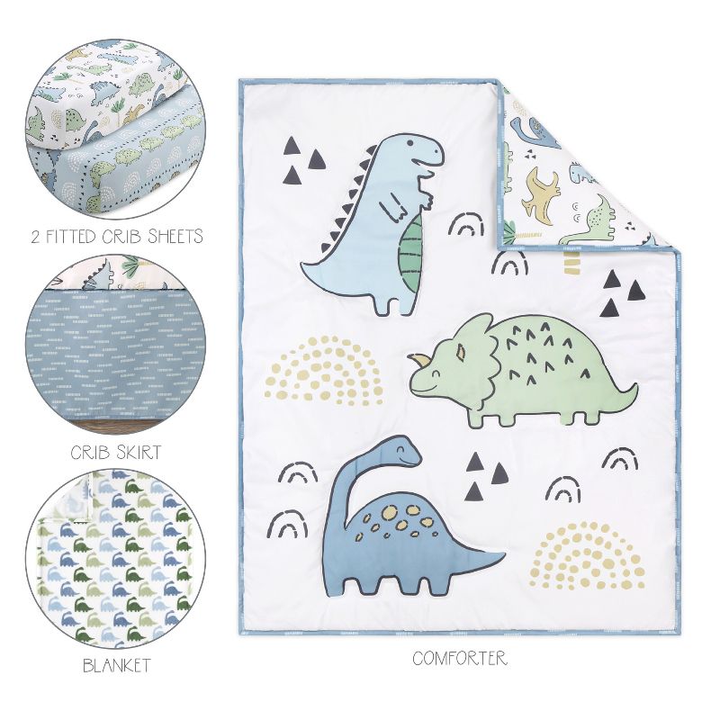 The Peanutshell 5-Piece Blue Dino Baby Crib Bedding Set for Boys with Extra Sheet, Quilt and Blanket, 3 of 11