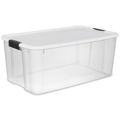 Sterilite 54 Qt Gasket Box, Stackable Storage Bin with Latching Lid and  Tight Seal Plastic Container to Organize Basement, Clear Base and Lid,  16-Pack