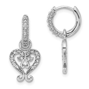 Black Bow Jewelry Rhodium Sterling Silver & CZ Heart, Hinged Hoop Earrings, 12 x 25mm - 1 of 4