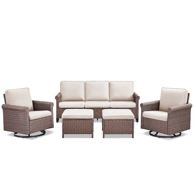 Buenhomino Patio Conversation Set 5-Pieces Wicker Outdoor Furniture Conversation Set with 3-Seat Sofa, 2 Swivel Rocker Chairs, 2 Ottomans