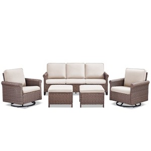 Buenhomino Patio Conversation Set 5-Pieces Wicker Outdoor Furniture Conversation Set with 3-Seat Sofa, 2 Swivel Rocker Chairs, 2 Ottomans - 1 of 4