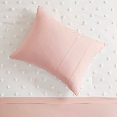 Pink and White Twin Microfiber Comforter Set with Jacquard Pompoms