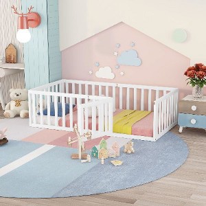 CAVINAS Twin Size Bed Frame, Wood Daybed Frame with Fence and Door, Floor Bed for Kids, Teens, Girls, Boys, Floor Platform Bed - 1 of 4