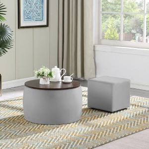 Round Ottoman Set with Wood Grain Lid and Storage with 2-in-1 Combination and Square Footrest with No Assembly Required - 1 of 4