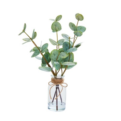 13" Artificial Eucalyptus in Glass Vase (Set of 2). Realistic faux stems with double-sided leaves for home, table, or bathroom decor.