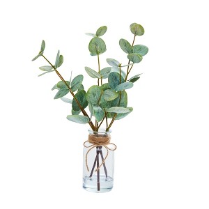 13" Artificial Eucalyptus in Glass Vase (Set of 2). Realistic faux stems with double-sided leaves for home, table, or bathroom decor. - 1 of 4