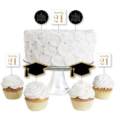 Big Dot of Happiness Gold - Tassel Worth The Hassle - Dessert Cupcake Toppers - 2021 Graduation Party Clear Treat Picks - Set of 24