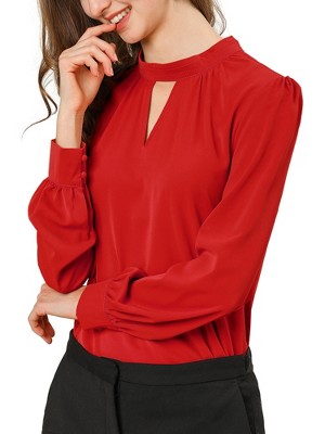 INSPIRE CHIC Women's Office Keyhole Elegant Stand Collar Long Sleeve Back Neck Button Blouse