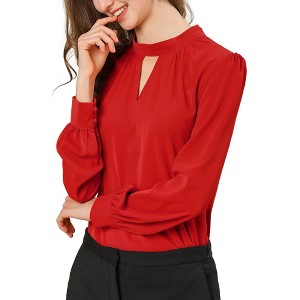 INSPIRE CHIC Women's Office Keyhole Elegant Stand Collar Long Sleeve Back Neck Button Blouse - 1 of 4