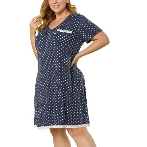 Agnes Orinda Women's Plus Size Pajamas Knit Lace Trim Polka Dots Short Sleeve Nightgowns - 1 of 4