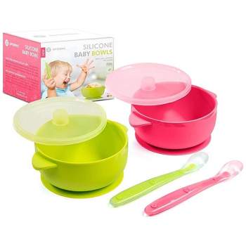 Silicone Suction Baby Bowl with Lid - BPA Free - 100% Food Grade Silicone - Infant Babies and Toddler Self Feeding (Green / Pink)