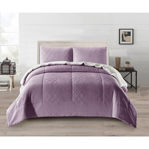 Purple Quilted Microfiber Plush Flannel Sherpa Comforter 3pc Set Full/Queen 