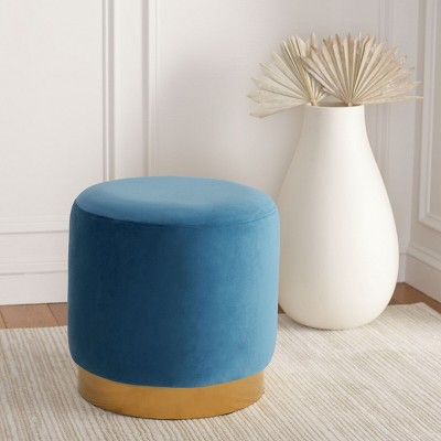 Sky Blue Velvet and Gold Round Ottoman