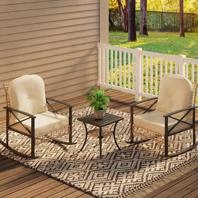 3 PCS Patio Rocking Chairs Outdoor Rattan Bistro Set, Conversation Sets Outdoor Furniture Set Wicker 2Rocking Chairs 1Table for Backyard Garden