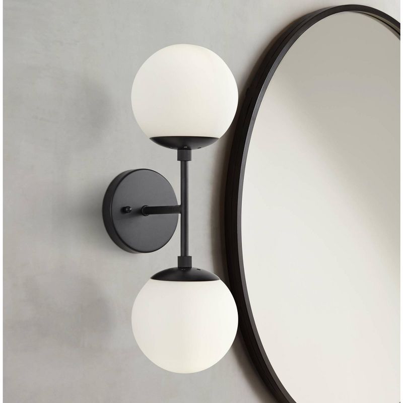Possini Euro Design Oso Mid Century Modern Wall Light Sconce Black Hardwire 17 3/4" High 2-Light Fixture Opal Glass for Bedroom Bathroom Vanity House, 2 of 9