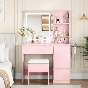 Vanity Desk with Mirror and Lights, Modern Makeup Dressing Table with Outlets, Storage Stool, 4 Drawers, 3 Colors LED & Hair Dryer Holder - 1 of 4