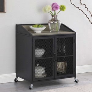 ORRD Black 2-Door Mobile Home Bar Cabinet with Casters, Sandy Black Finish with Grey Wash Top, Rolling Wine & Storage Cart for Living Room - 1 of 4