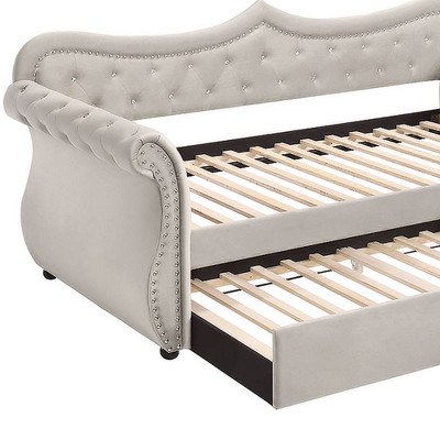 Beige Twin Upholstered Sleigh Daybed with Trundle and Nailhead Trim