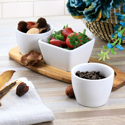 White Ceramic Tidbit Dish Set with Acacia Wood Base