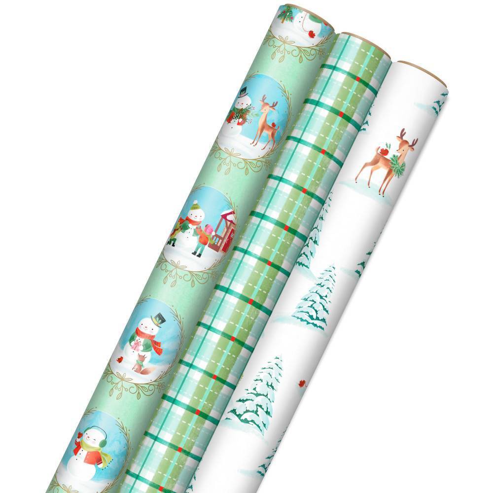 Hallmark Storybook Critters, Snowmen, Green and Blue Plaid Christmas Wrapping Paper, 3 Rolls, 120 Sq. Ft Total