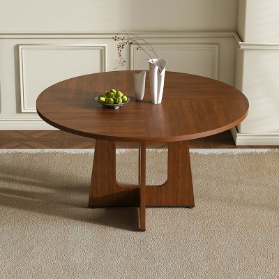 47" Farmhouse Round Dining Table for 4, Rustic Wood Grain Kitchen Table, Modern Dining Room Table with Cross Pedestal Base-The Pop Home