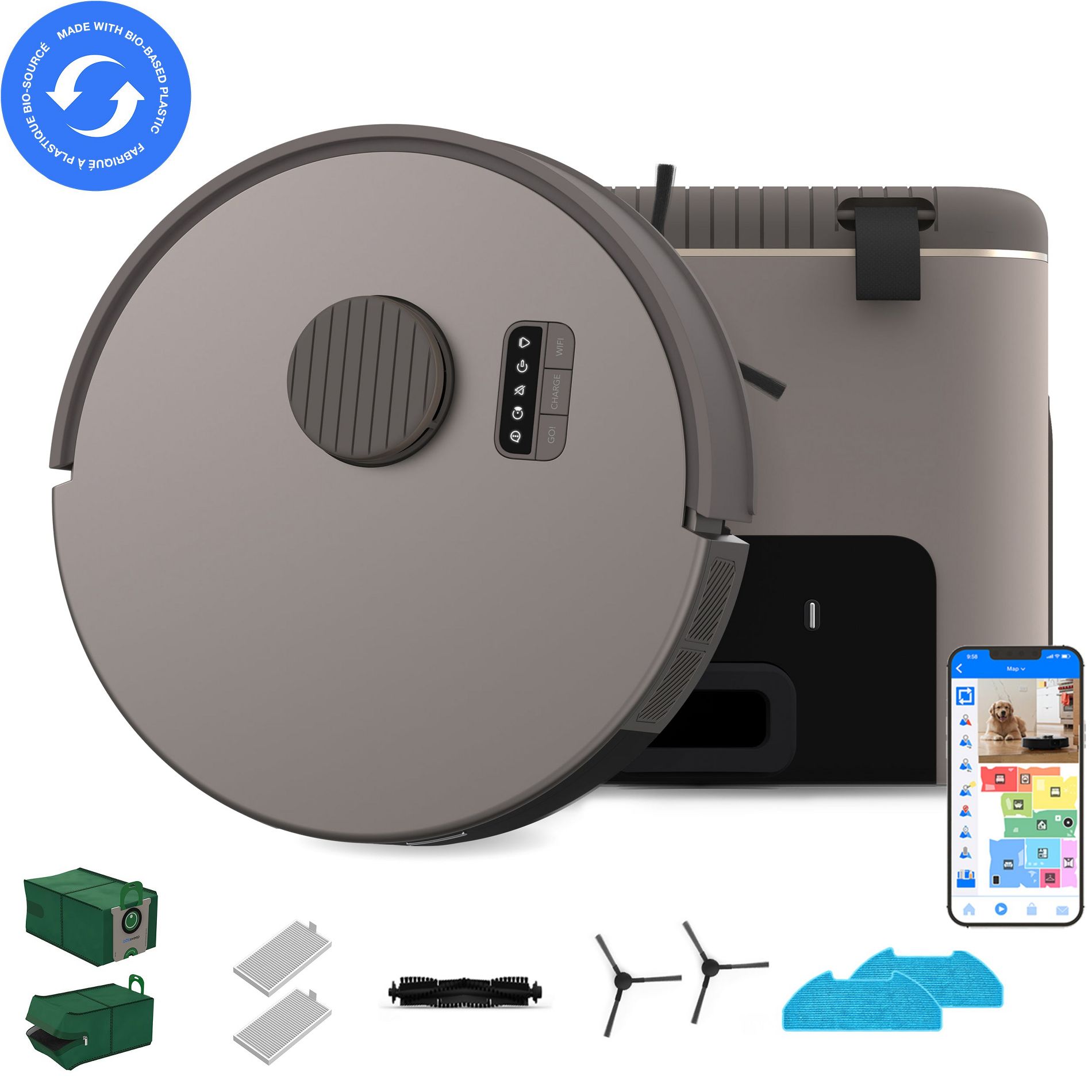 bObsweep Bio Auto-Empty Robot Vacuum & Mop with Reusable Charcoal-Lined Odor-Filtering Bags & Bottomless Dock Capacity, Made of Bio-Based Plastic